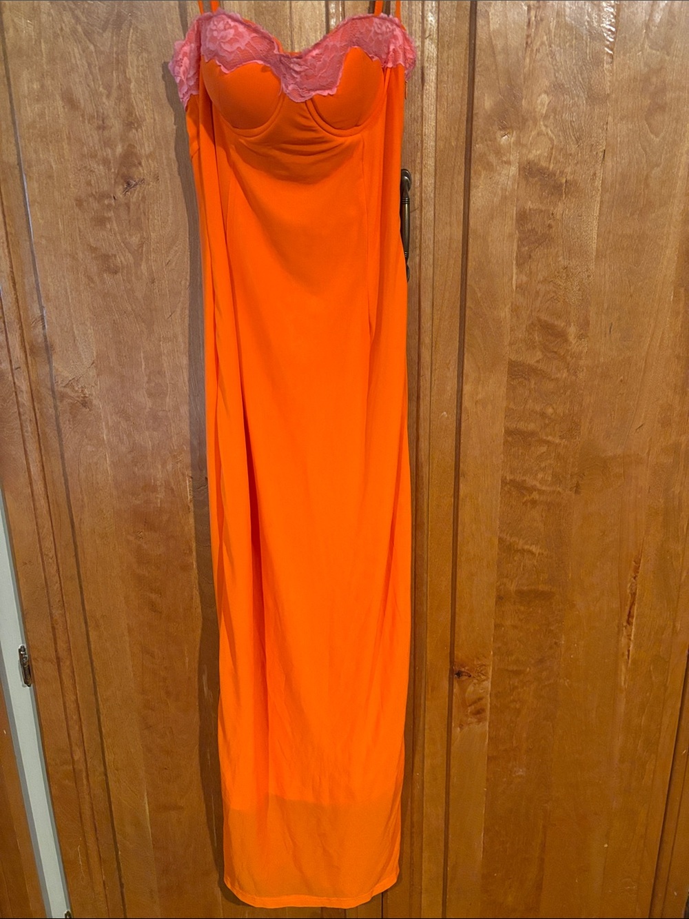 Orange Slip Dress with Pink Lace Trim